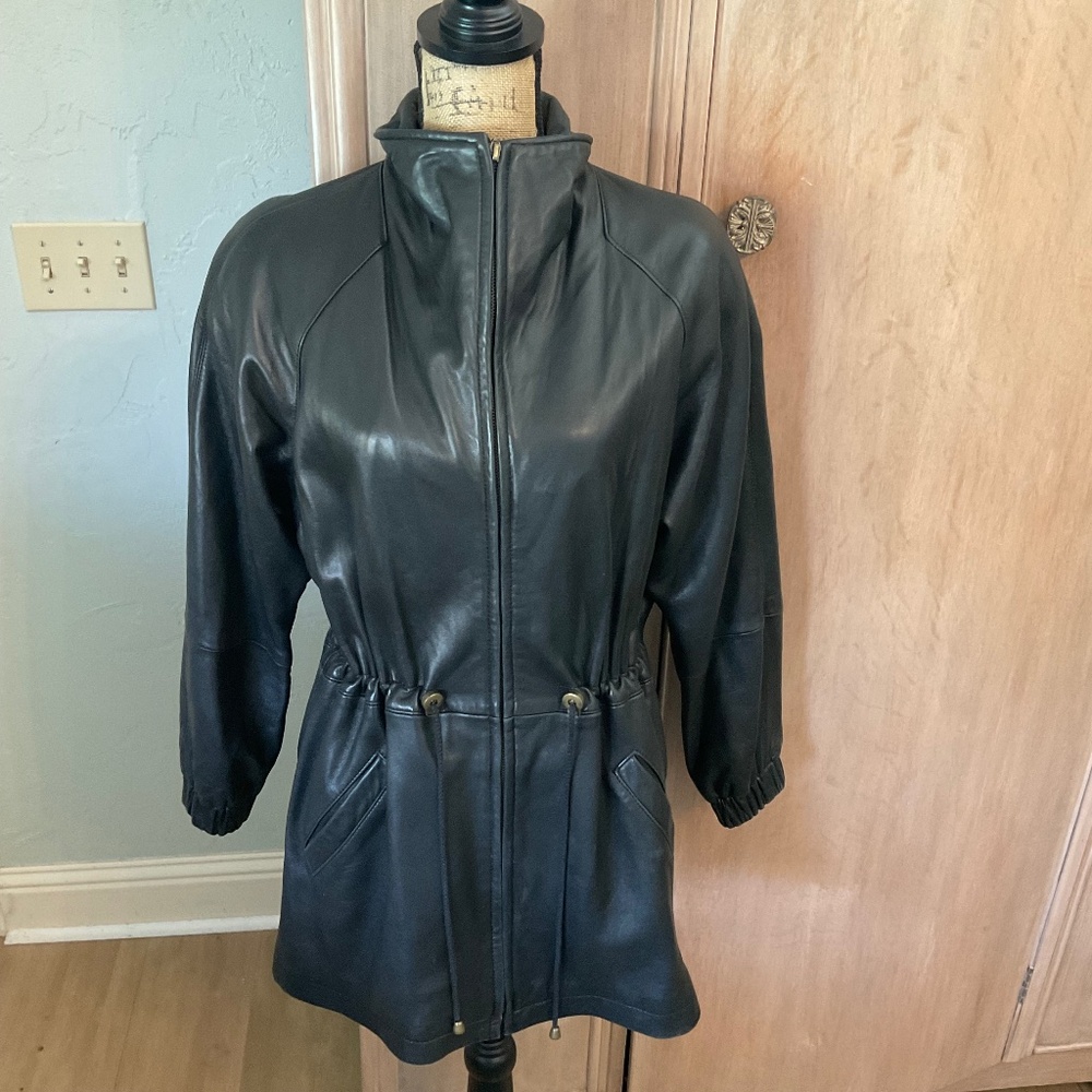 Vintage Black LeatherJacket funnel neck Anorak coat Drawstring Zip Oversized XS